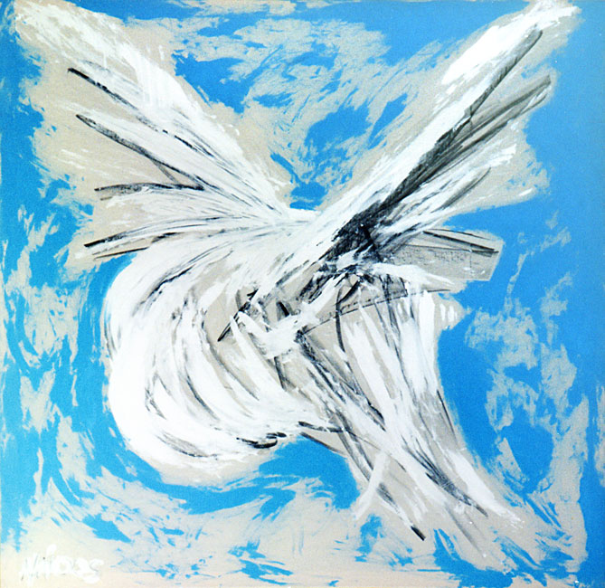 Naidos's bird, mixed media on large bare canvas 97, expressive painting