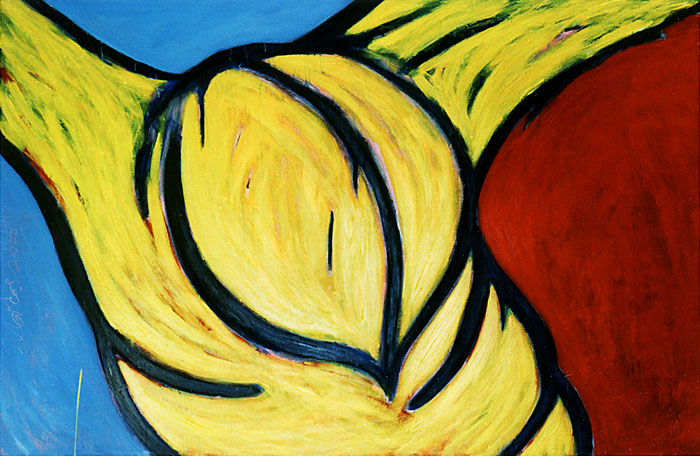 Naidos's bird, mixed media on large canvas, 2000, figurative abstract, expressive painting, bright colours, yellow bird