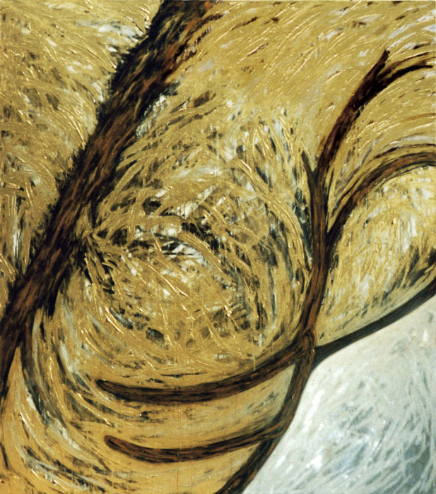 Naidos's bird, Millennium, mixed media on large canvas, 2000, figurative abstract, expressive painting, gold, silver and copper