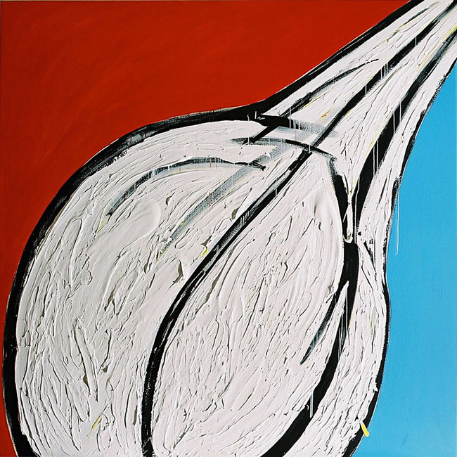 Naidos's bird, acrylic on large canvas, 2003, figurative abstract, expressive painting, white bird, bright colours