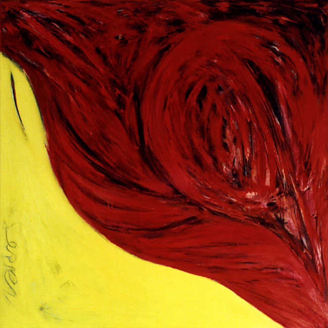 Naidos's bird, acrylic on large canvas, 2001, figurative abstract, expressive painting, bright colours, red and yellow