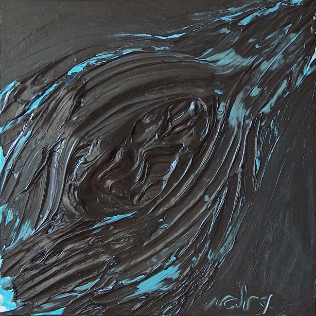 Naidos's bird, acrylic on small canvas, 2005, figurative abstract, expressive painting, black and blue, textured, sold
