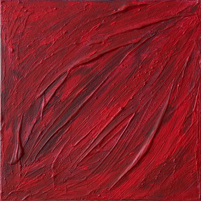 Naidos's bird, mixed media on small canvas, 2005, figurative abstract, expressive painting, Bird's-eye-open-shot, textured red