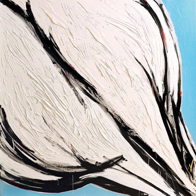 Naidos's bird, acrylic on large canvas, 2004, figurative abstract, expressive painting, white bird, bright colours