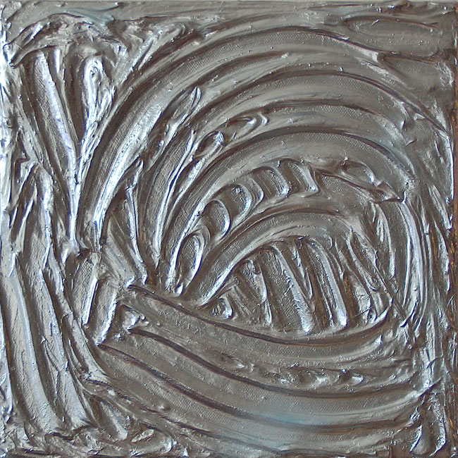 Naidos's bird, mixed media on small canvas, 2005, figurative abstract, expressive painting, textured, silver