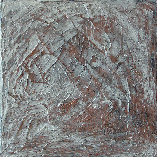 Naidos's bird, mixed media on small canvas, 2005, figurative abstract, expressive painting, textured, glittery copper and white, snow day within.