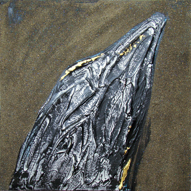 Naidos's bird, mixed media on small canvas, 2005, figurative abstract, expressive painting, textured silver, gold and sand
