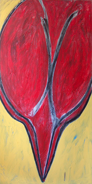 Naidos's bird, mixed media on large canvas, 2005, figurative abstract, expressive painting, bright colours, red bird