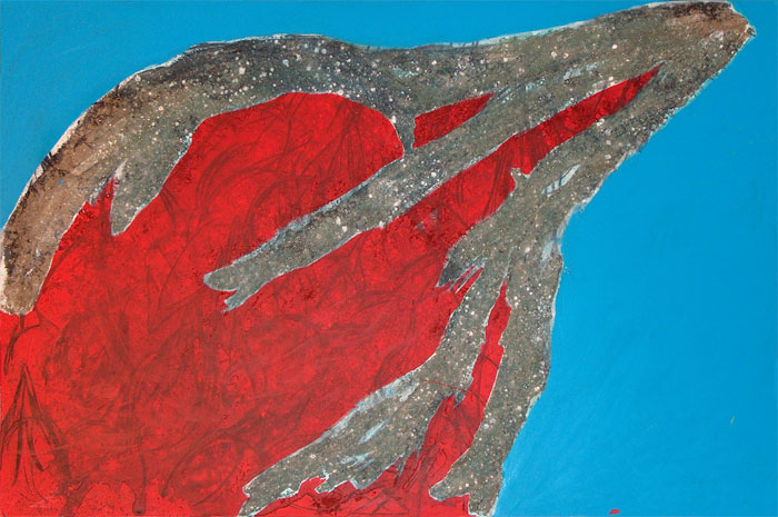 Naidos's bird, mixed media on large canvas, 2005, figurative abstract, expressive painting, textured, bright colours, red bird
