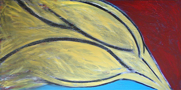Naidos's bird, mixed media on large canvas, 2005, figurative abstract, expressive painting, textured, bright colours, yellow bird