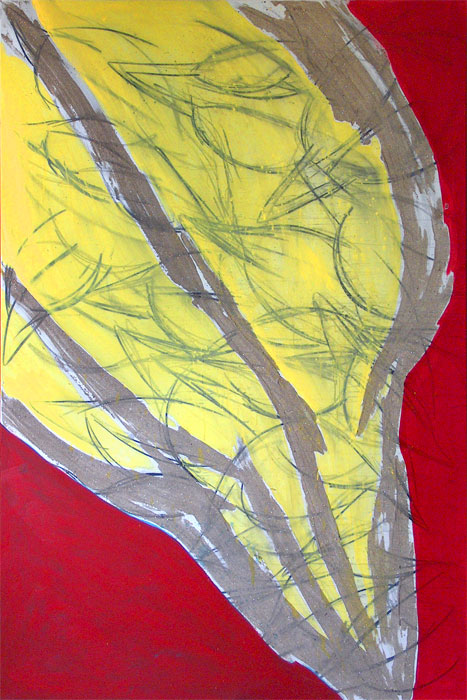 Naidos's bird, mixed media on large canvas, 2005, figurative abstract, expressive painting, textured, bright colours, yellow bird