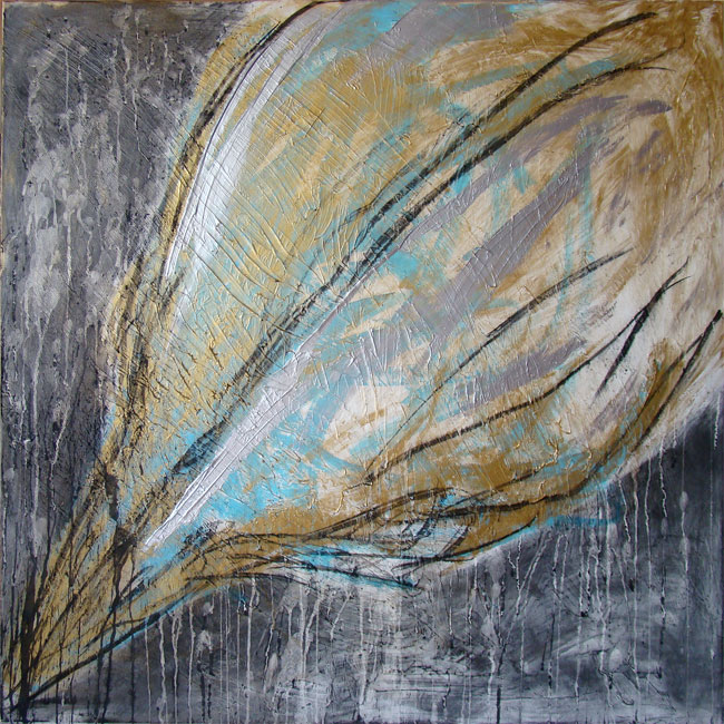Naidos's bird, mixed media on large canvas, 2006, figurative abstract, expressive painting, inspiring, rough texture, vulnerable bird