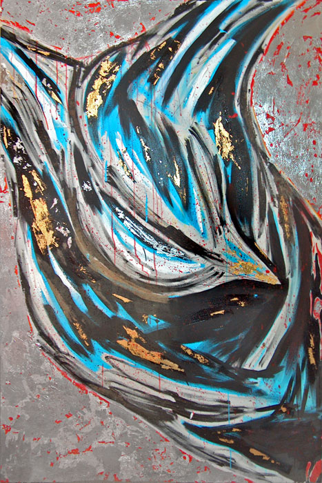 Naidos's bird, mixed media on large canvas, 2006, figurative abstract, expressive painting, gold and silver bird, inspiring, sold