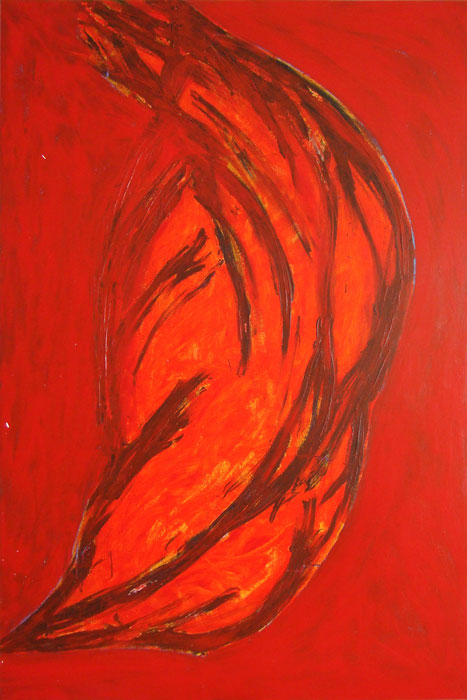 Naidos's bird, mixed media on large canvas, 2011, figurative abstract, expressive painting, red bird, inspiring, part of the red series